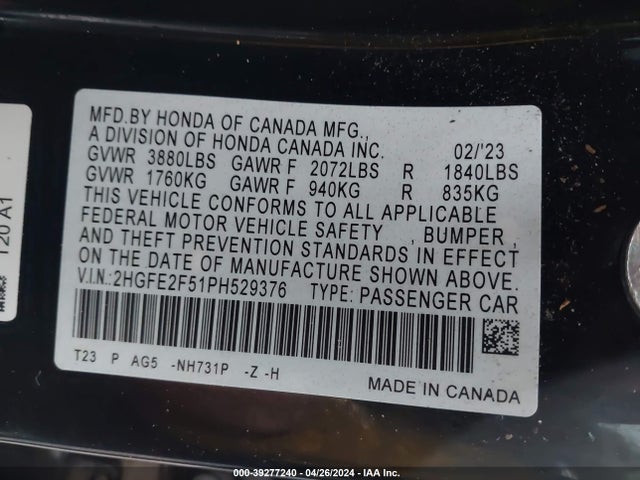 Honda Civic Sport 2023 2HGFE2F51PH529376 Image 9