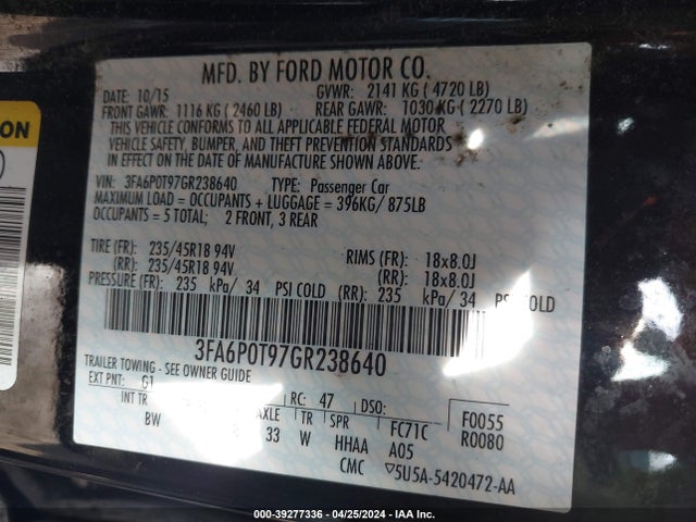Ford FUSION SE 2016 3FA6P0T97GR238640 Image 9