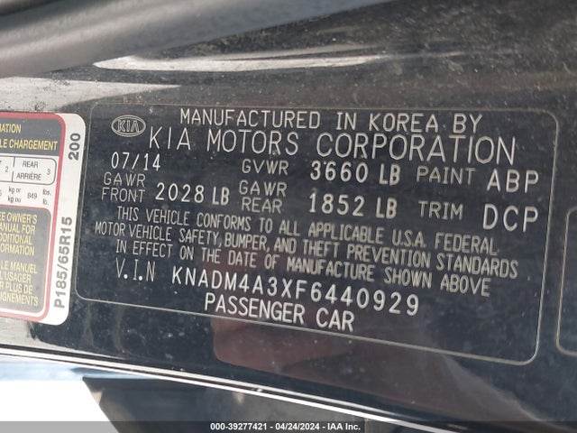 KIA RIO LX 2015 KNADM4A3XF6440929 Image 9
