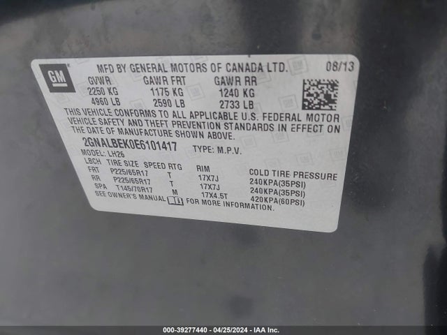 Chevrolet EQUINOX 1LT 2014 2GNALBEK0E6101417 Image 9