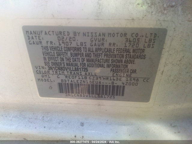 Nissan Versa S Xtronic Cvt 2020 3N1CN8DV1LL881725 Image 9