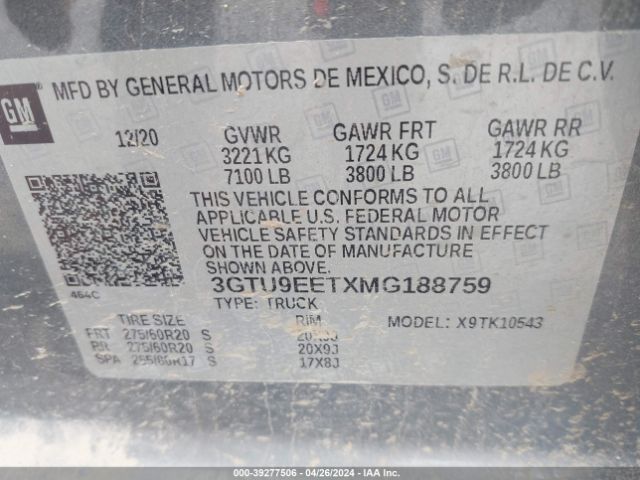 3GTU9EETXMG188759 GMC Sierra 1500 4wd  Short Box At4