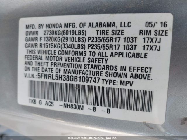 5FNRL5H38GB109747 Honda ODYSSEY SE