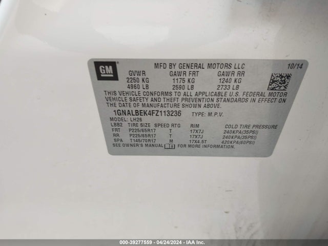 Chevrolet EQUINOX 1LT 2015 1GNALBEK4FZ113236 Image 9