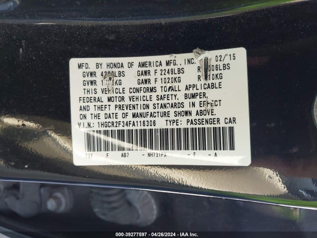 Honda ACCORD LX 2015 1HGCR2F34FA116306 Image 9
