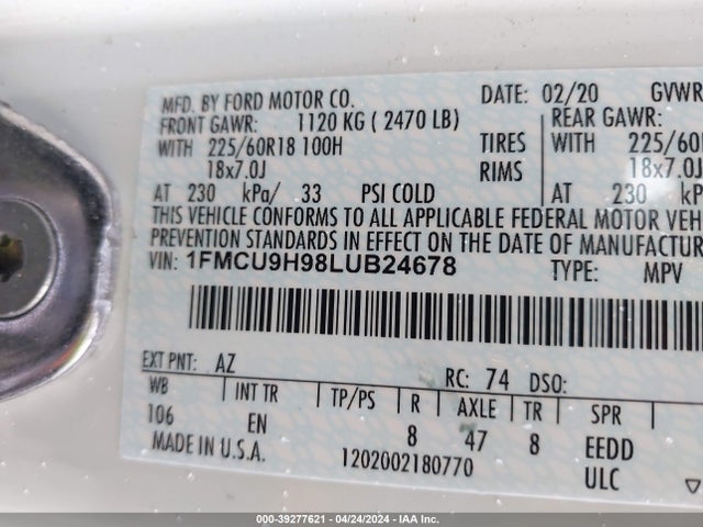 Ford ESCAPE SEL 2020 1FMCU9H98LUB24678 Image 9