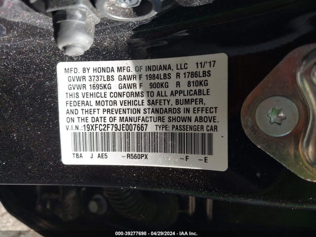 Honda CIVIC EX 2018 19XFC2F79JE007667 Image 9