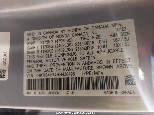 Honda Cr-v Ex-l Awd 2024 2HKRS4H74RH438496 Image 9