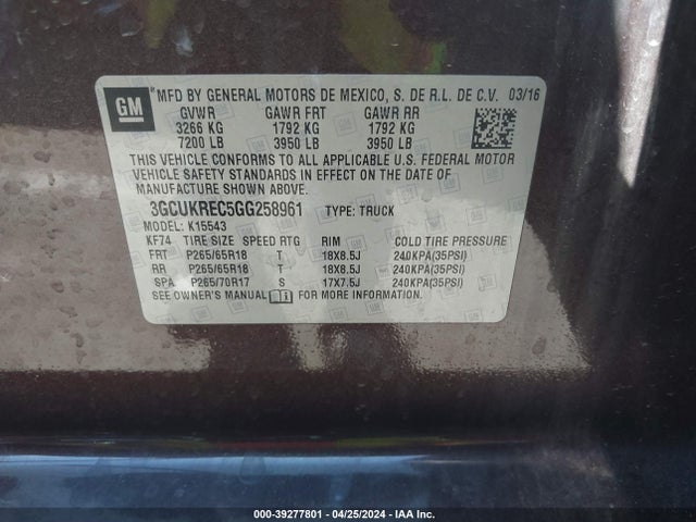 Chevrolet Silverado 1500 2lt 2016 3GCUKREC5GG258961 Image 9