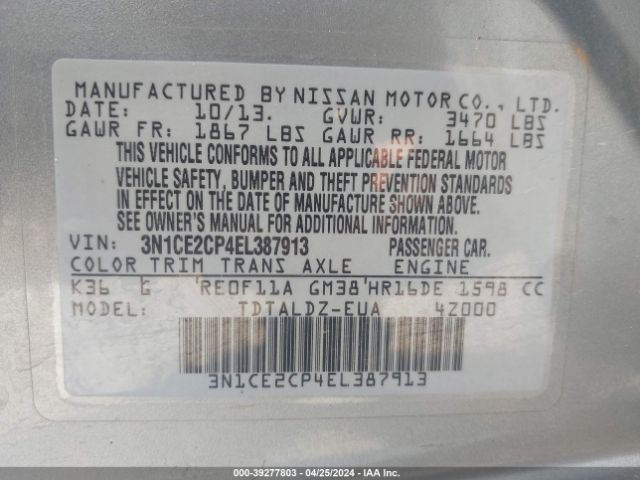 3N1CE2CP4EL387913 Nissan Versa Note Sv