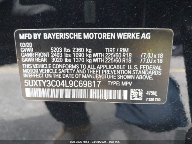 5UXTY3C04L9C69817 BMW X3 Sdrive30i