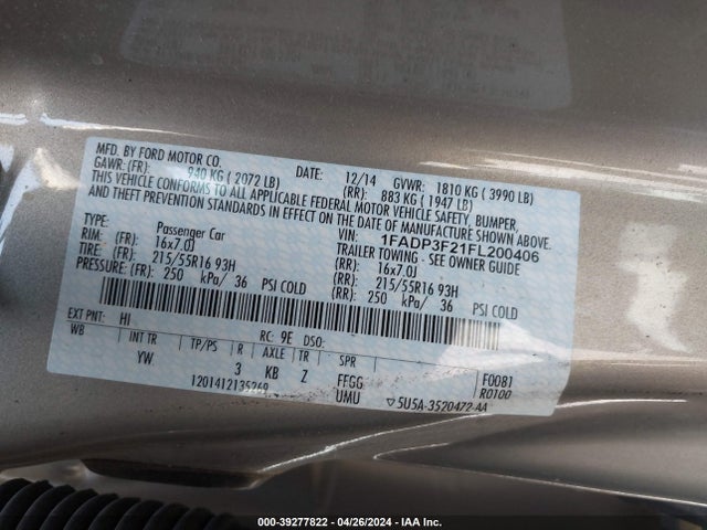 Ford FOCUS SE 2015 1FADP3F21FL200406 Image 9