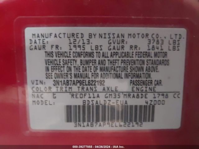 3N1AB7AP9EL622192 Nissan Sentra Fe+ S/fe+ Sv/s/sl/sr/sv