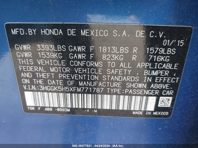Honda FIT LX 2015 3HGGK5H5XFM771787 Image 9