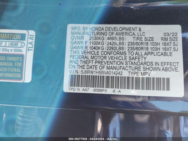 5J6RW1H55NA014242 Honda Cr-v 2wd Ex