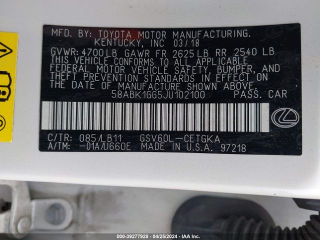 58ABK1GG5JU102100 Lexus ES 350