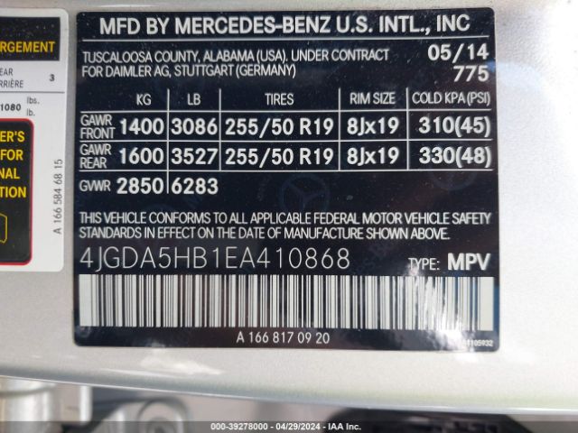 4JGDA5HB1EA410868 Mercedes-Benz Ml 350 4matic