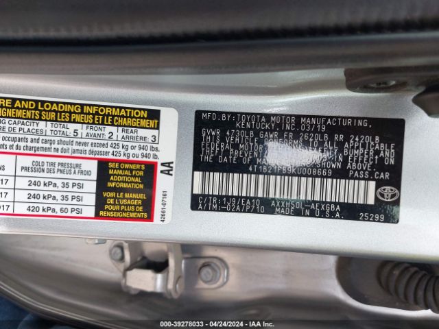 4T1B21FB9KU008669 Toyota Avalon Hybrid Xle