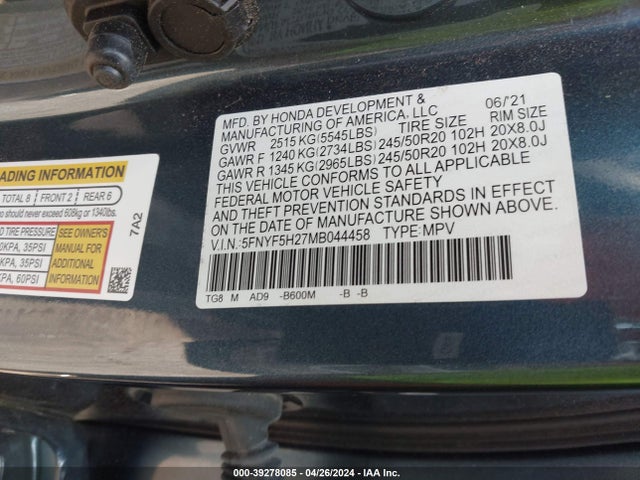 Honda Pilot 2wd Special Edition 2021 5FNYF5H27MB044458 Image 9