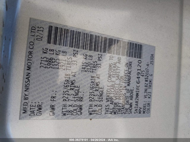 Nissan Pathfinder S 2015 5N1AR2MM1FC649120 Image 9
