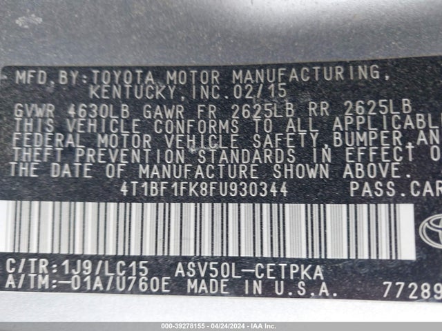 Toyota CAMRY XSE 2015 4T1BF1FK8FU930344 Image 9