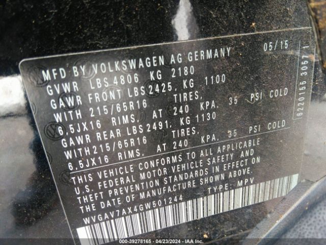 WVGAV7AX4GW501244 Volkswagen TIGUAN S