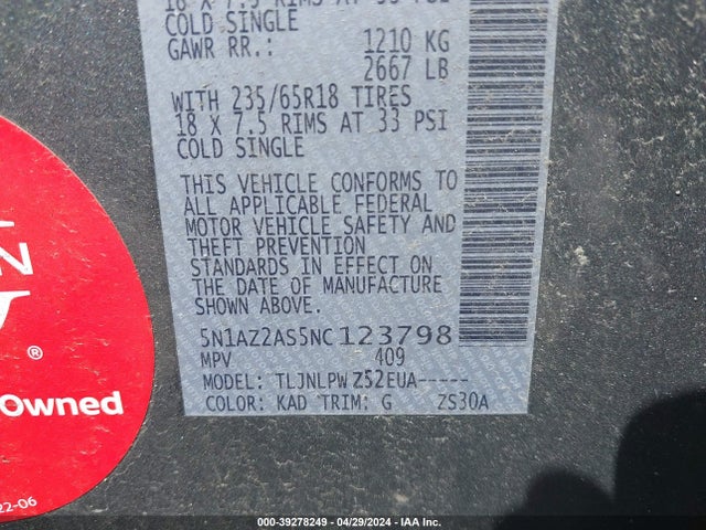 Nissan Murano S Intelligent Awd 2022 5N1AZ2AS5NC123798 Image 9