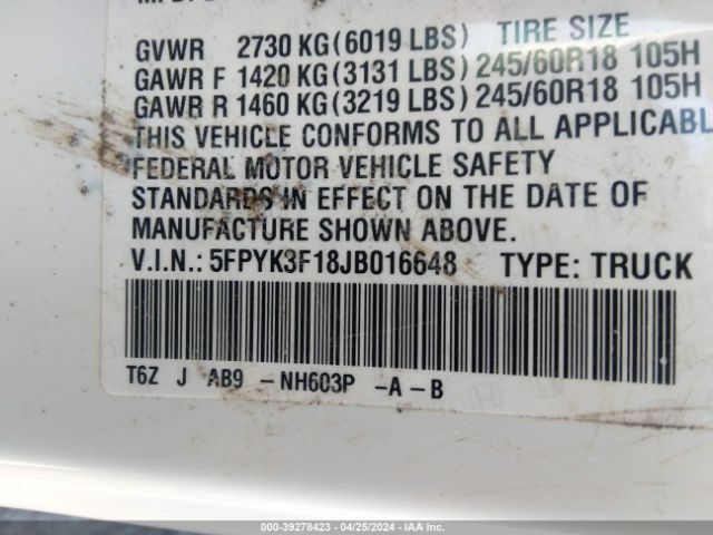 5FPYK3F18JB016648 Honda Ridgeline Sport