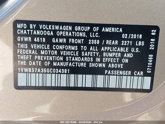 1VWBS7A35GC034381 Volkswagen Passat 1.8t Se