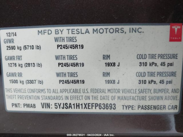 5YJSA1H1XEFP63693 Tesla Model S P85