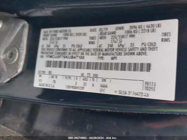 Ford ESCAPE S 2019 1FMCU0F76KUB47100 Image 9