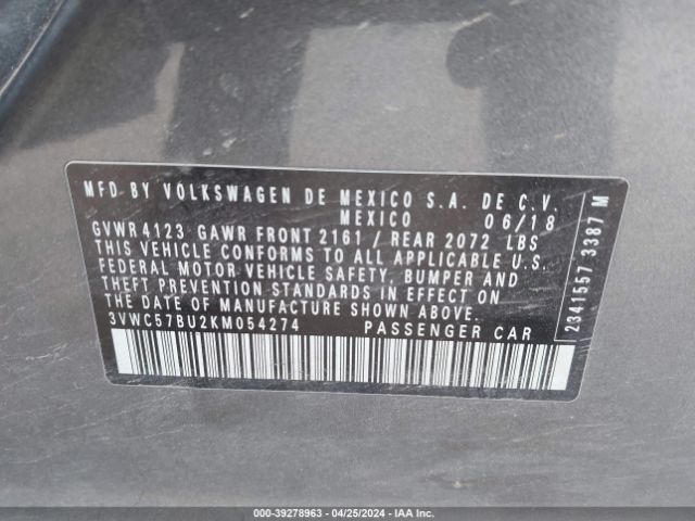 3VWC57BU2KM054274 Volkswagen Jetta 1.4t R-line/1.4t S/1.4t Se