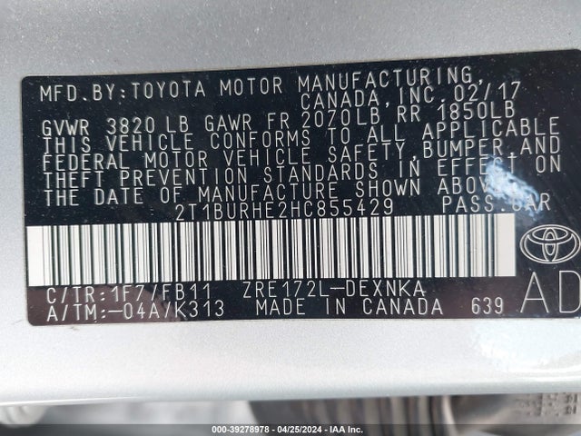 Toyota COROLLA LE 2017 2T1BURHE2HC855429 Image 9