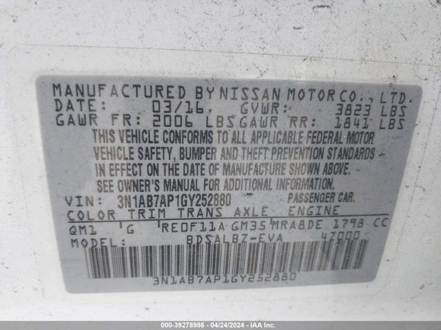 Nissan SENTRA S 2016 3N1AB7AP1GY252880 Image 9