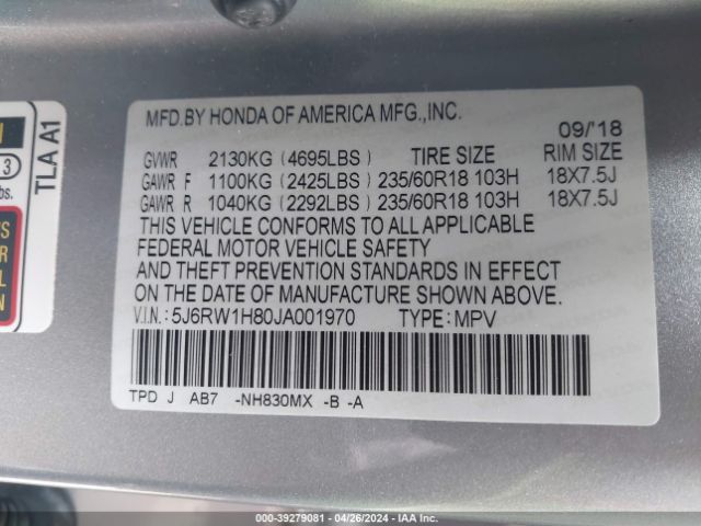 5J6RW1H80JA001970 Honda Cr-v Ex-l/ex-l Navi