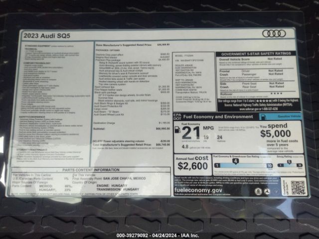 WA1B4AFY3P2133389 Audi Sq5 Premium Plus Tfsi Quattro Tiptronic