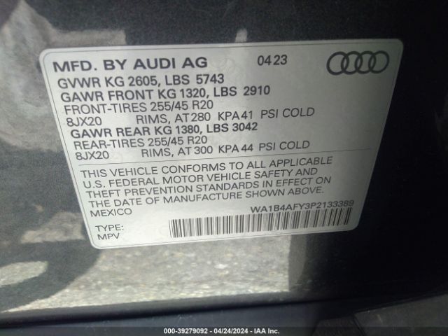 WA1B4AFY3P2133389 Audi Sq5 Premium Plus Tfsi Quattro Tiptronic