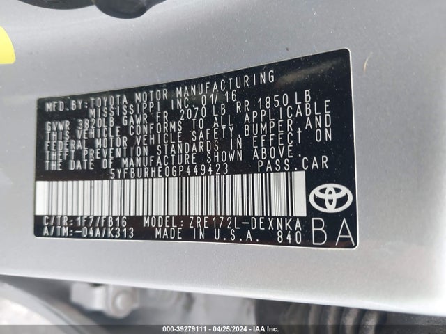 Toyota COROLLA LE 2016 5YFBURHE0GP449423 Image 9