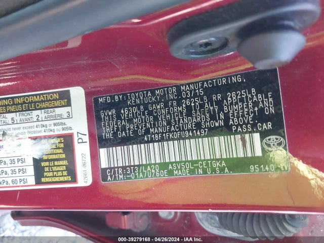 Toyota CAMRY XLE 2015 4T1BF1FK0FU941497 Image 9
