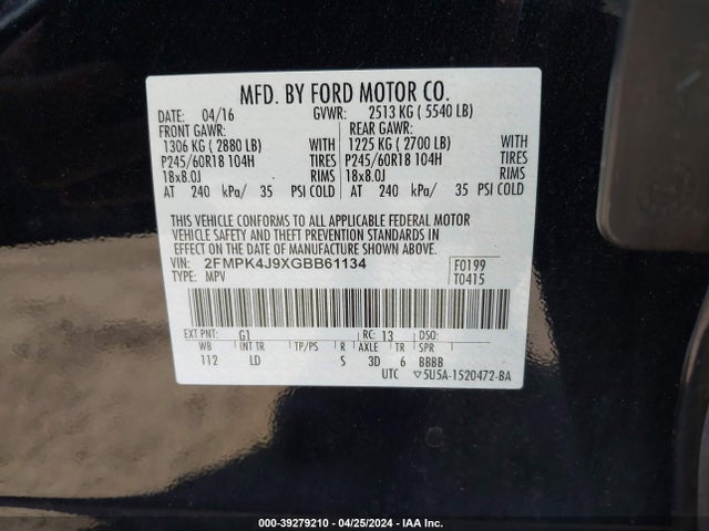 Ford EDGE SEL 2016 2FMPK4J9XGBB61134 Image 9