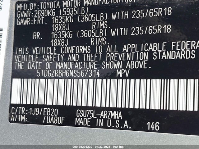 Toyota Highlander Xle 2022 5TDGZRBH6NS567314 Image 9