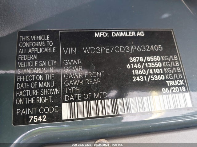 WD3PE7CD3JP632405 Mercedes-Benz Sprinter 2500 Standard Roof V6