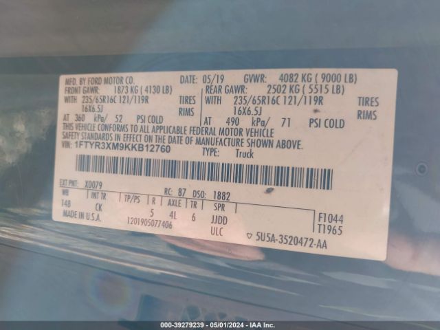 1FTYR3XM9KKB12760 Ford Transit-250