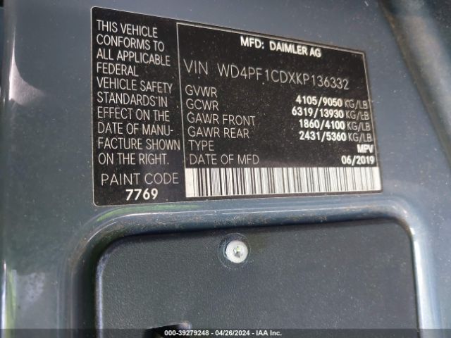 WD4PF1CDXKP136332 Mercedes-Benz Sprinter 2500 High Roof V6