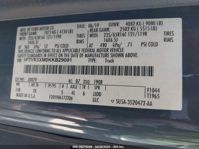 Ford Transit-250 2019 1FTYR3XM0KKB29091 Image 9