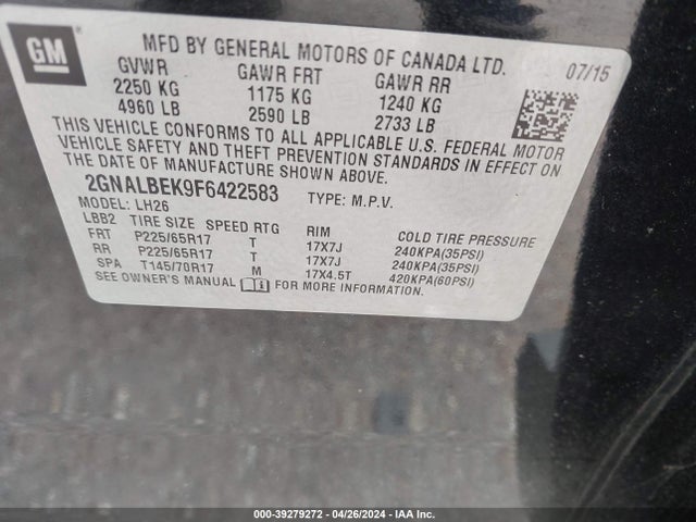 Chevrolet EQUINOX 1LT 2015 2GNALBEK9F6422583 Image 9
