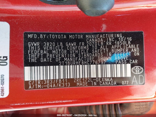 Toyota COROLLA LE 2017 2T1BURHE8HC776797 Image 9