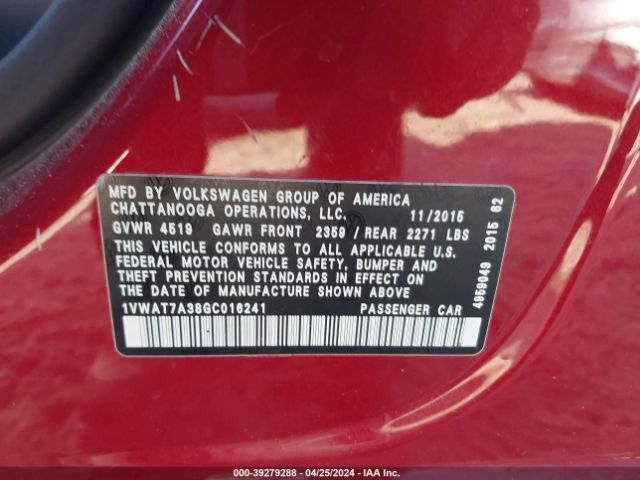 1VWAT7A38GC016241 Volkswagen Passat 1.8t S