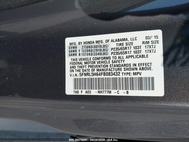 Honda Odyssey Ex-l 2015 5FNRL5H64FB083432 Image 9