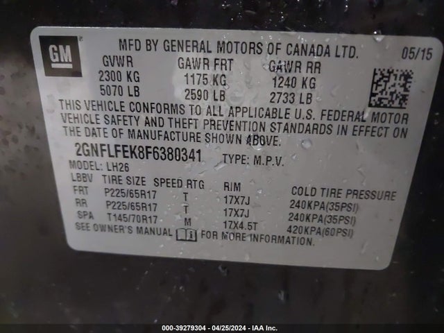 Chevrolet EQUINOX 1LT 2015 2GNFLFEK8F6380341 Image 9